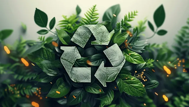 Green recycling symbol sits in a cluster of leafy plants with scattered biodegradable paper-like pieces and gentle glow.
