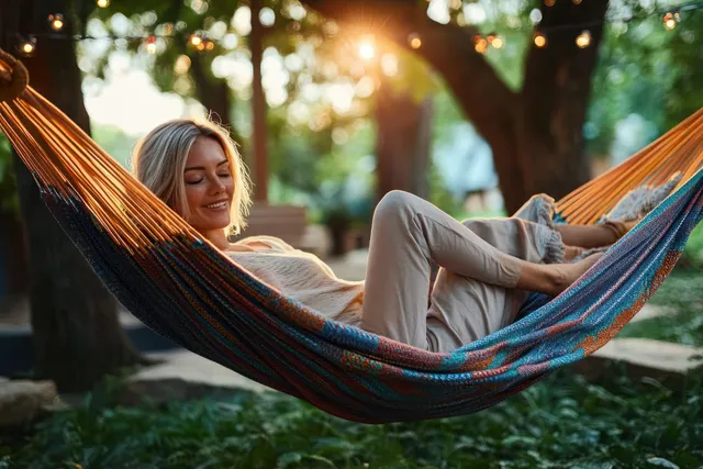 A smiling middle-aged woman relaxes in a colorful hammock, reading on her smartphone during golden hour in a sunny backyard.