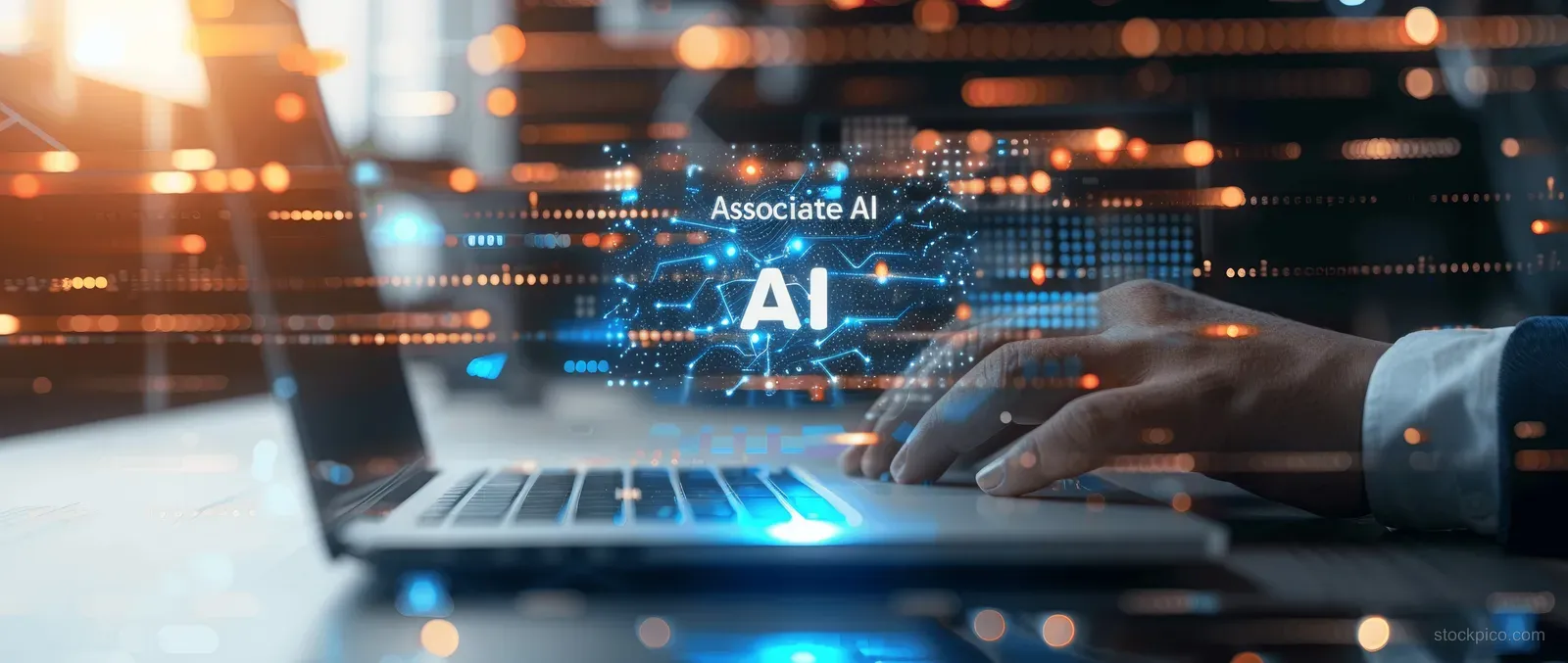 A businessman uses a laptop as an AI hologram and network lights hover above the keyboard in a dark office.
