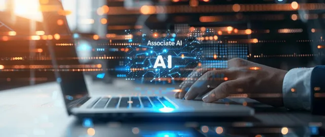 Businessman analyzes data on laptop with AI hologram in dark office network