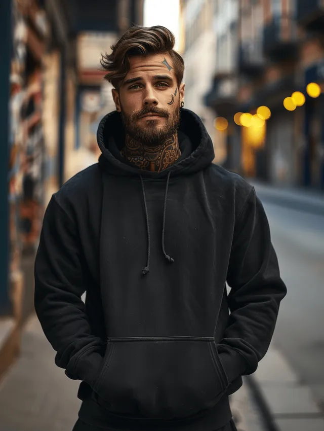Tattooed bearded man in a black hoodie stands on a city street with blurred background lights.