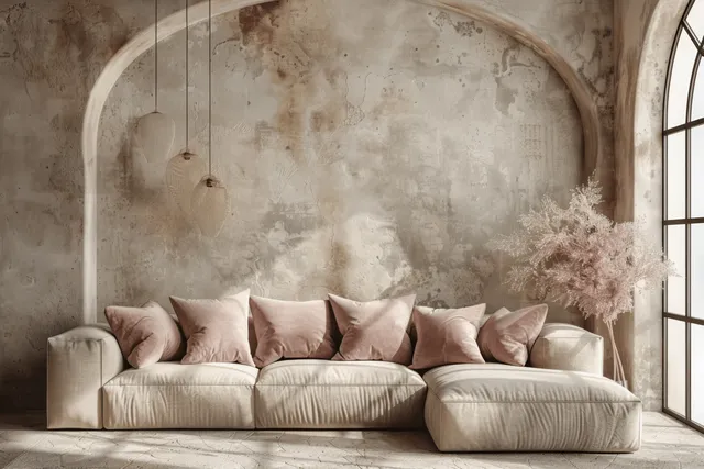 Minimalist loft living room showing a beige sofa with pink pillows against light concrete walls beside an arched doorway and window light.