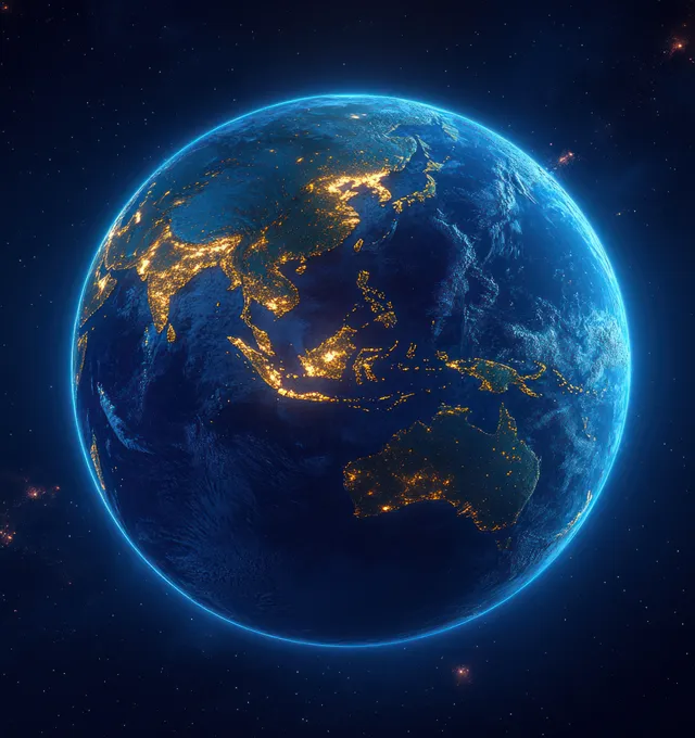 A luminous Earth globe with Australia illuminated by warm city lights against a dark starry space background.