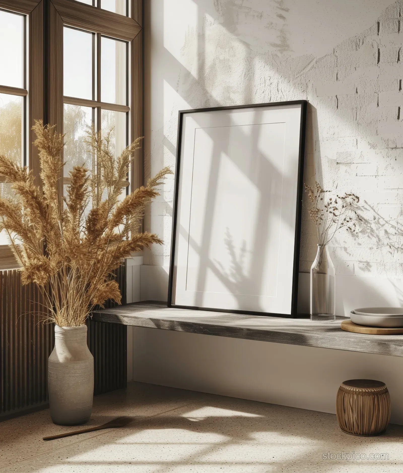 A kitchen countertop mockup holds a blank white poster in a black frame beside a vase and woven stool under window light.