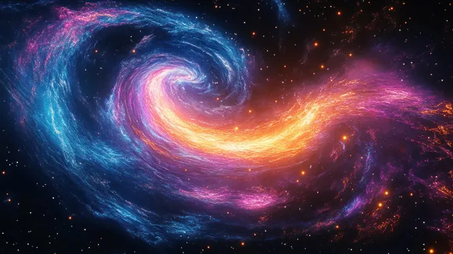 Swirling spiral galaxy of glowing blue and orange nebulae with scattered stars in dark deep space.