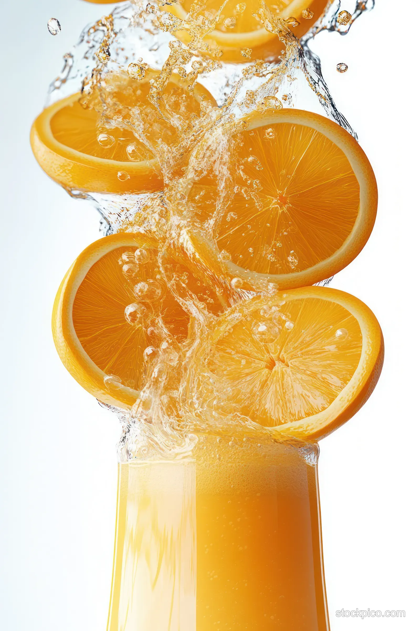 Orange juice splash with two orange slices and flying drops isolated on a white background.
