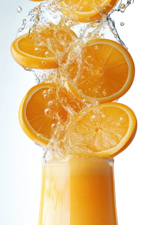 Orange juice splash bursting upward with citrus slices isolated on a clean white background
