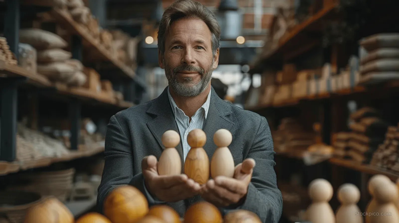 Businessman holding wooden people figurines while rows of stock and shelving blur in the background.