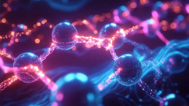 Glowing molecular network of neon spheres connected by strands in dark blue and pink