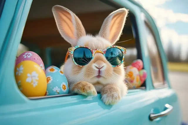Fluffy bunny in colorful sunglasses leaning from a blue car window with Easter eggs