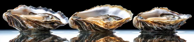Three empty oyster shells with ridged brown and white textures reflect on a glossy black surface.