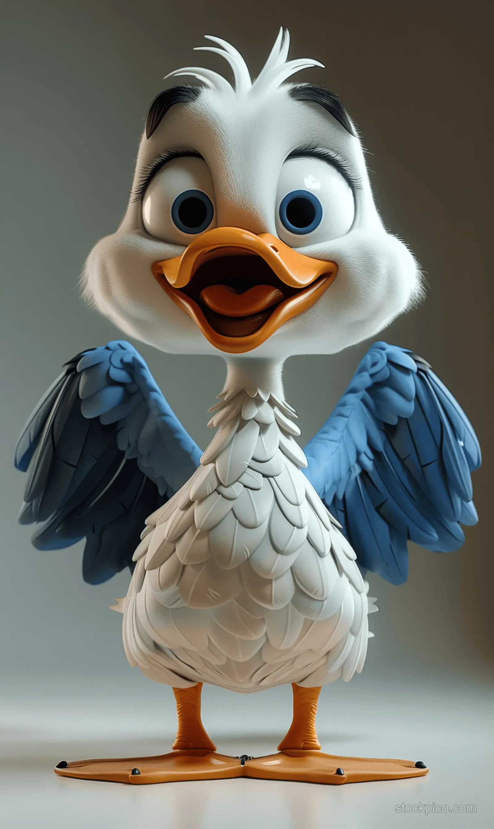 A smiling white cartoon duck with blue wings stands on a simple floor with a clean background.