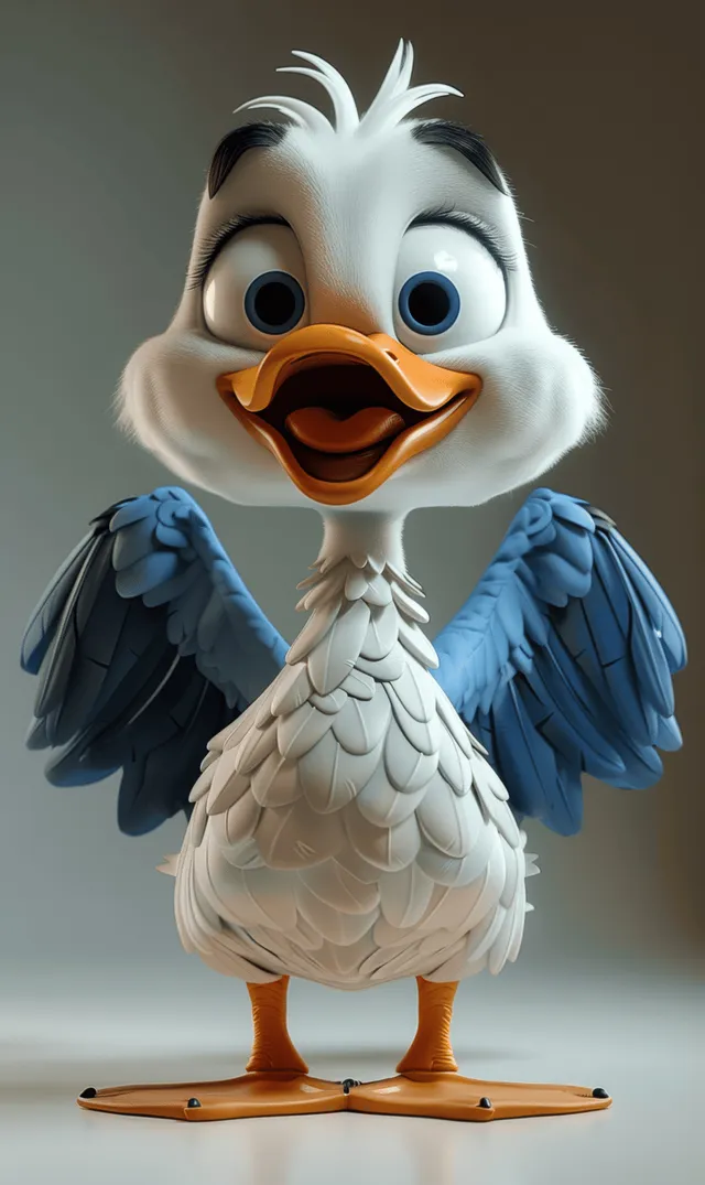 A smiling white cartoon duck with blue wings stands on a simple floor with a clean background.