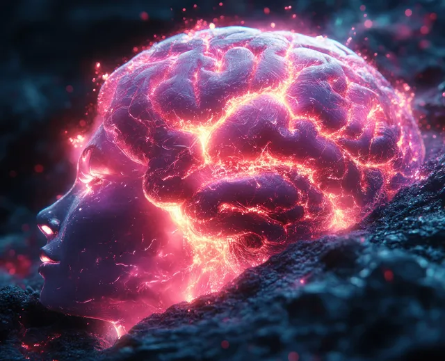 Neon blue glowing brain illustration surrounded by lightning, sparks, and dark storm clouds.