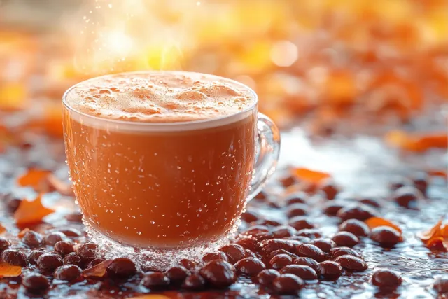 Hot latte in clear glass cup surrounded by cocoa beans on a wet surface