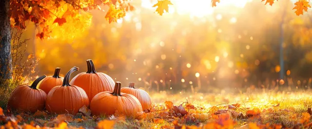 Cluster of pumpkins on autumn ground with golden sunset light and drifting leaves