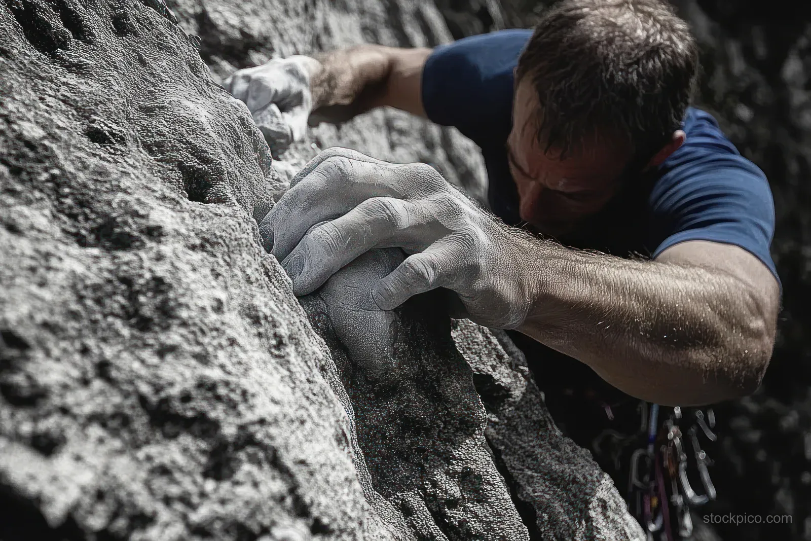 Chalked hands grip rugged rock holds as a climber climbs a steep outdoor cliff face.