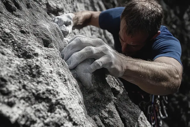 Chalked hands grip rugged rock holds as a climber climbs a steep outdoor cliff face.