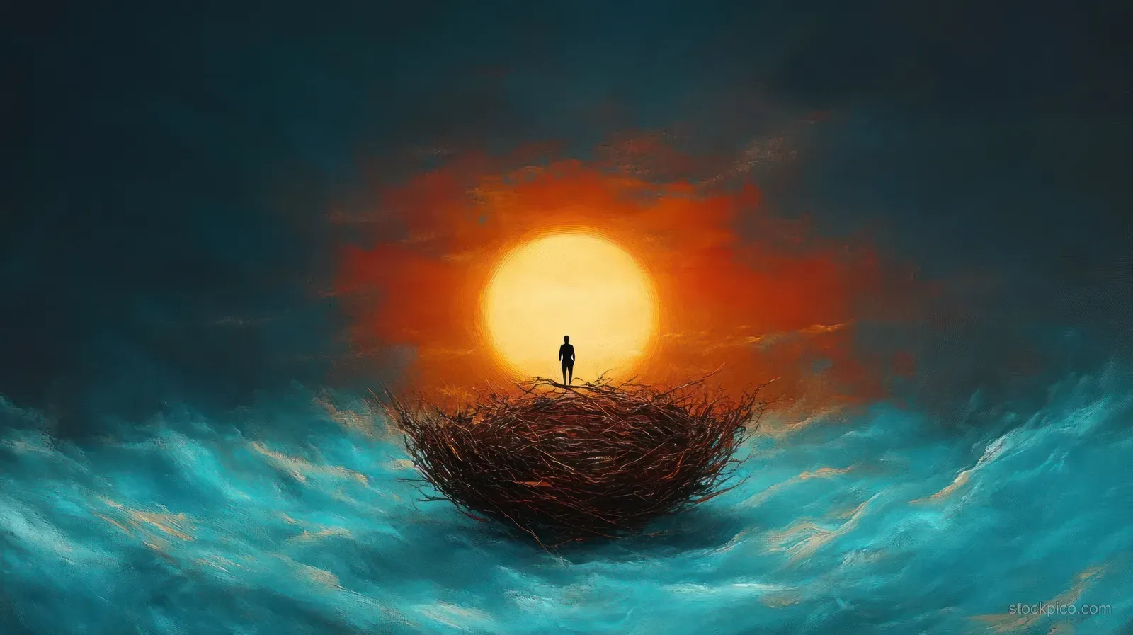A lone silhouette stands in a floating bird’s nest above stormy blue water under a glowing horizon sun.