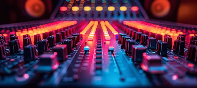 Illuminated sound console close-up with glowing faders and level meters inside a recording studio.