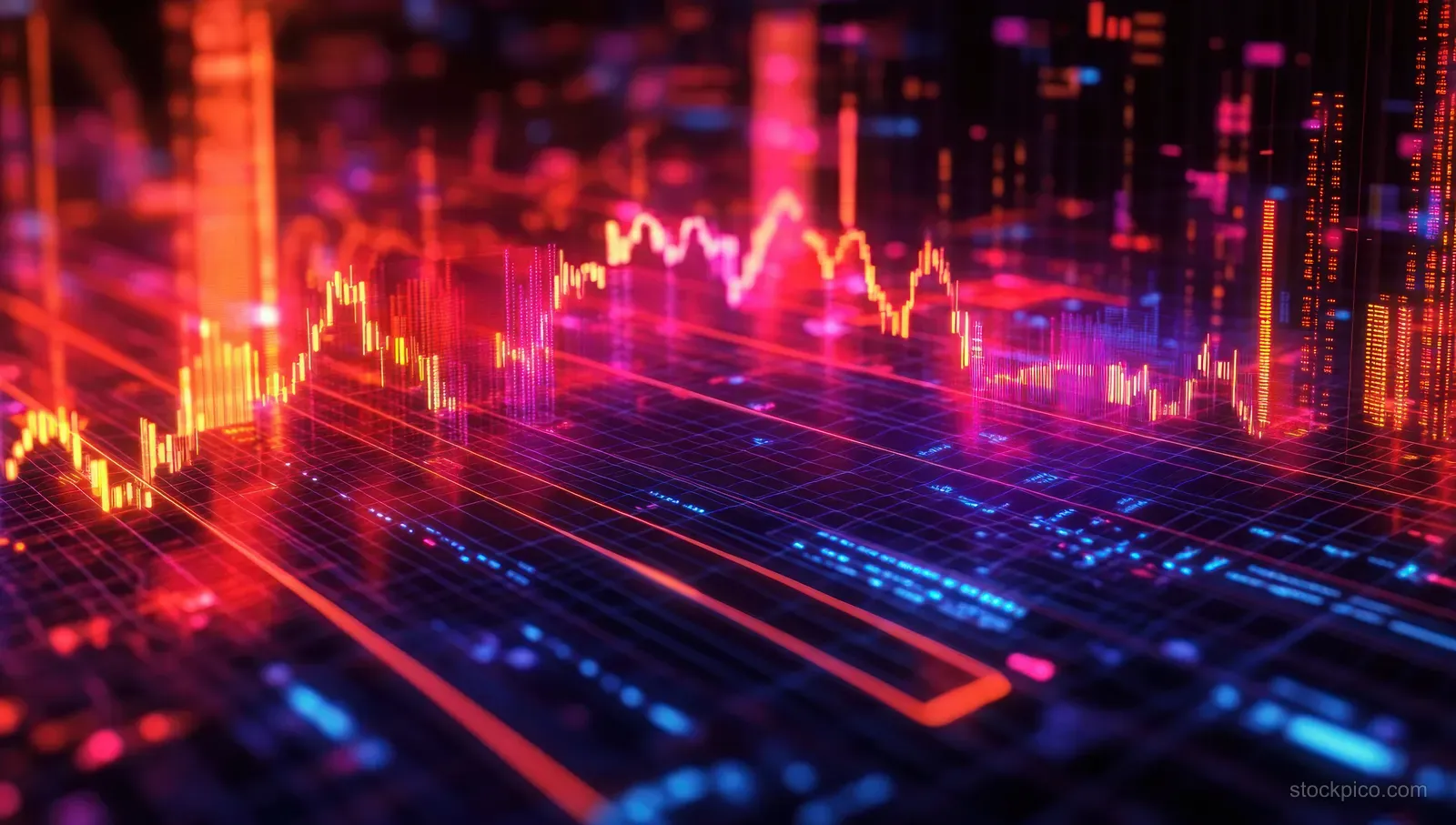 A declining stock chart is visualized with red and blue market data lines and falling equity bars.