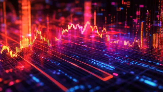 A declining stock chart is visualized with red and blue market data lines and falling equity bars.