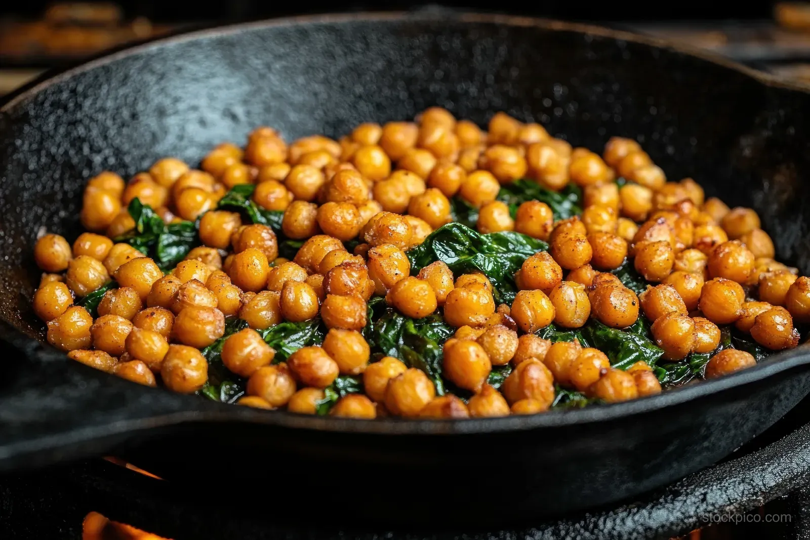 Golden roasted chickpeas and sautéed spinach sizzle in a black cast iron skillet in warm kitchen light.