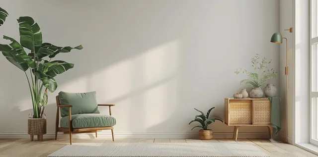 Scandinavian living room with green armchair and wooden cabinet by sunlit window with Plants And Natural Elements