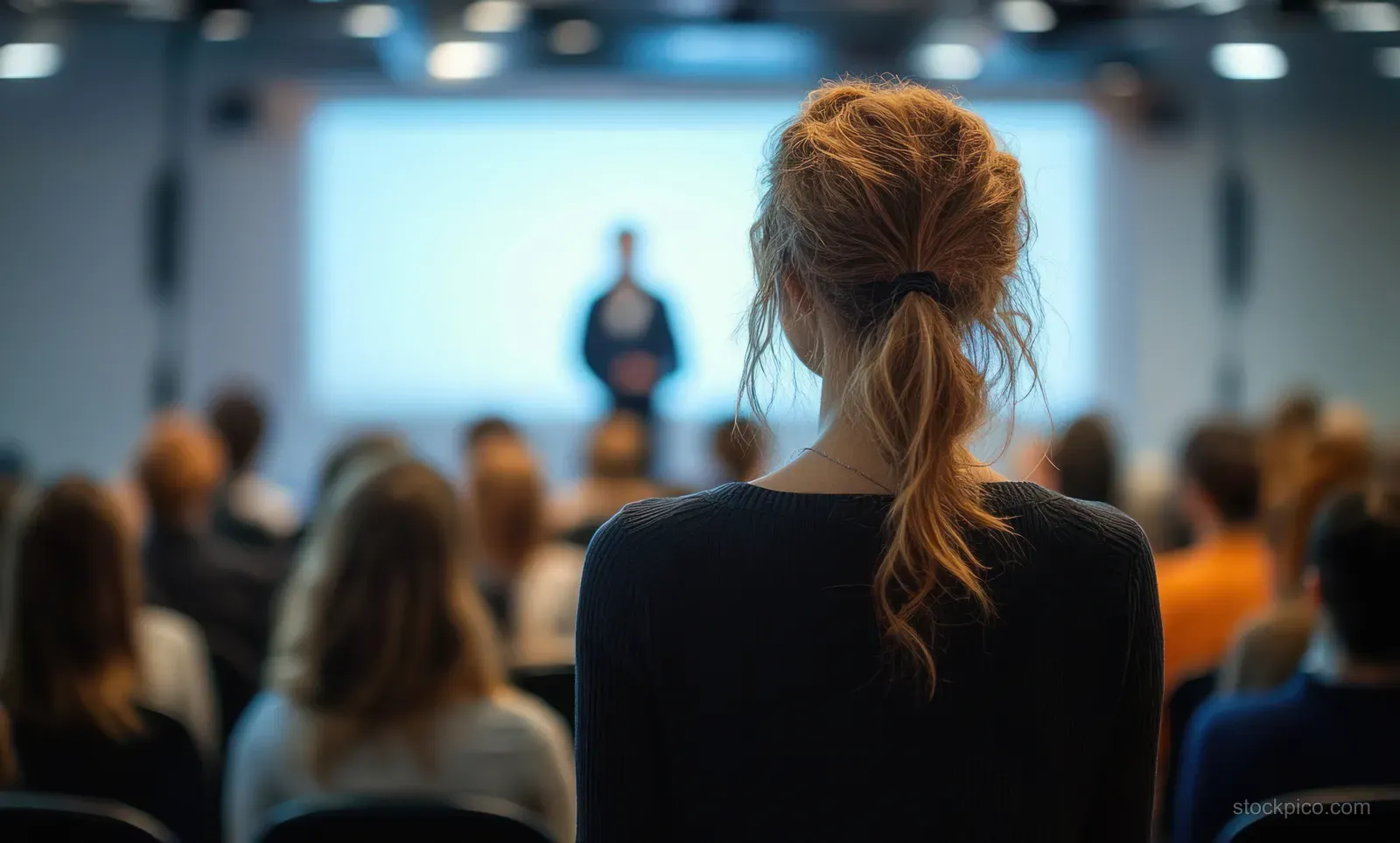 Rear view of an audience seated in a conference hall while a speaker presents at the front.