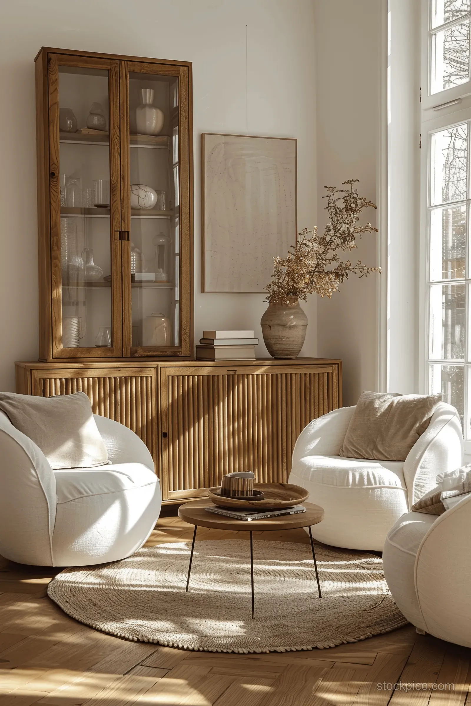 Wooden sideboard and white armchairs placed in a bright minimalist living room with sunlit parquet floors.