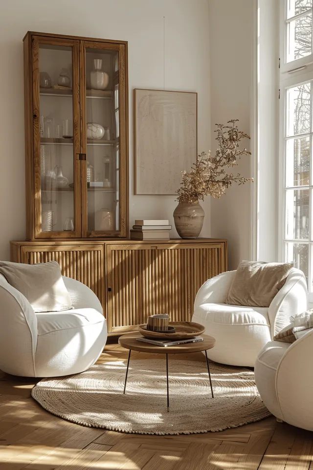 Minimalist living room scene with wooden sideboard, white armchairs, and window light with Wall Art Presentation