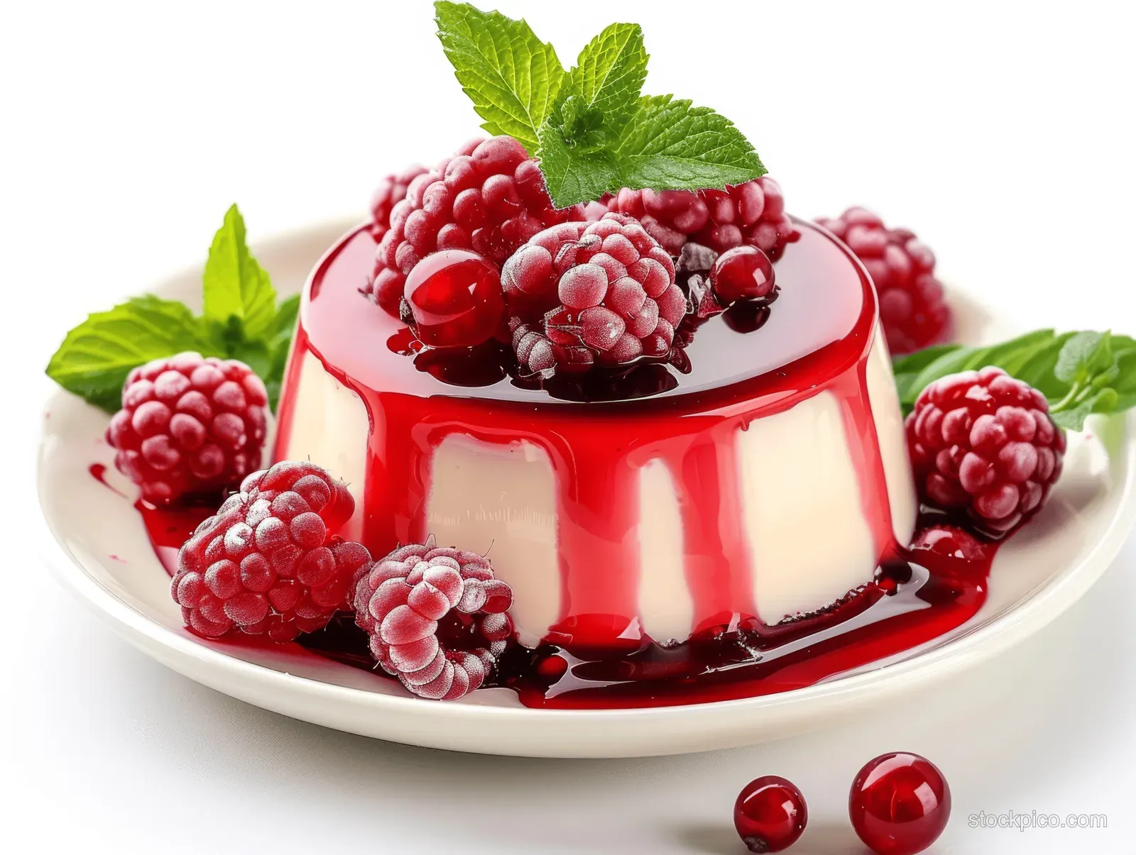 Italian panna cotta on a white plate topped with glossy berry coulis and fresh raspberries and blueberries.