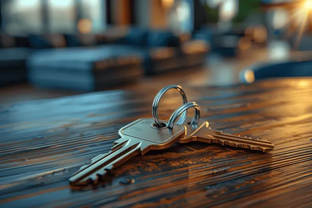 House keys on a wooden coffee table in a softly lit living room