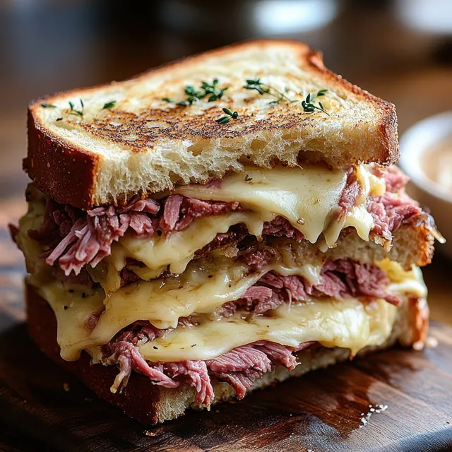 A thick grilled sandwich with melted cheese and shredded meat, topped with fresh herbs on a wooden board.