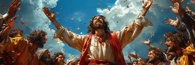 Ascended Jesus hovers above disciples singing under bright swirling clouds and scattered golden confetti.