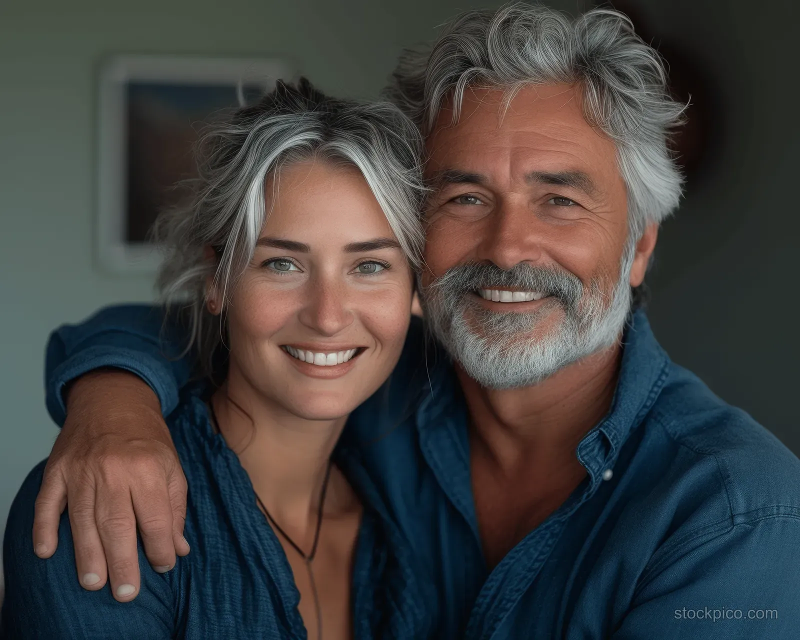 A smiling senior couple embraces indoors in soft natural light.