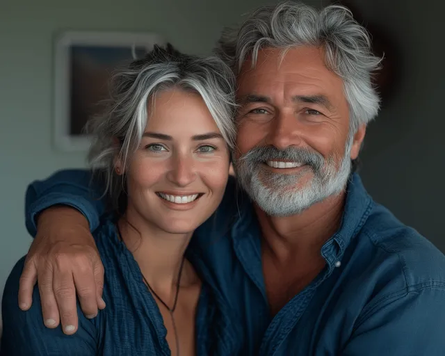 Smiling senior couple embracing indoors with soft natural window light