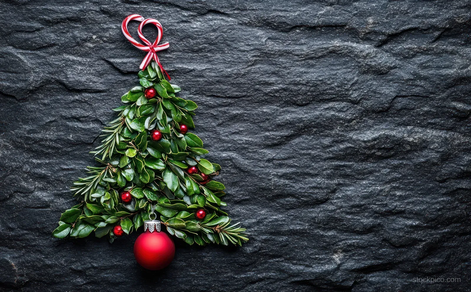 Mini Christmas tree with red ornament and ribbon bow placed on dark textured stone, with candy canes beside it.