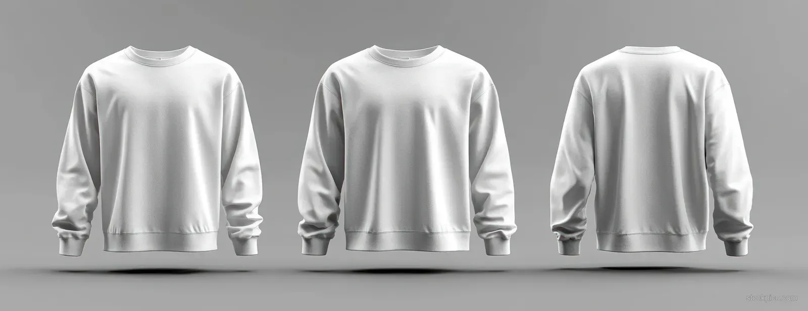 White long-sleeve t-shirt mockup displayed from front, side, and back with soft studio lighting.