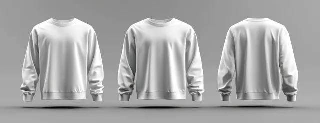 White long-sleeve t-shirt mockup displayed from front, side, and back with soft studio lighting.