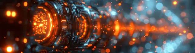 A futuristic AI core lens glows with holographic medical data waves and circuit patterns over a city-like background.