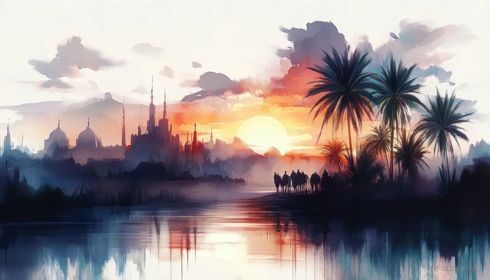 Silhouetted donkey and palm branches lead into a Jerusalem skyline at sunset with a distant procession on the water.