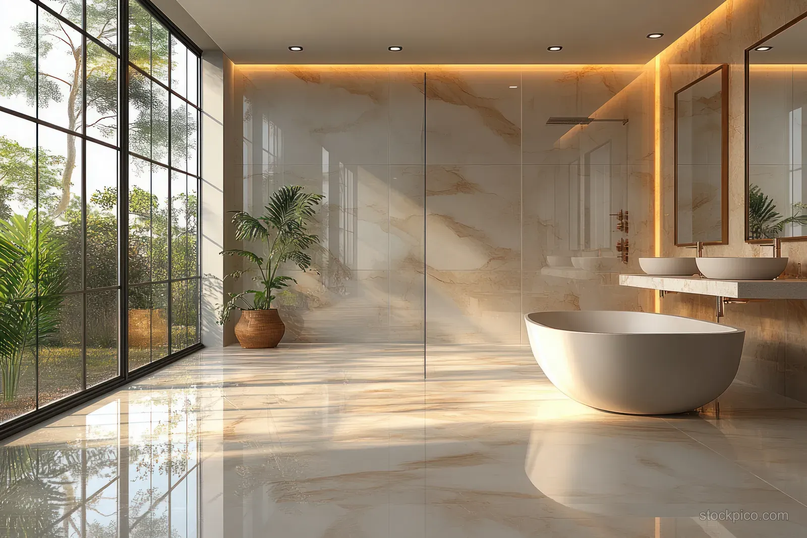 Scandinavian bathroom with double sinks, a freestanding bathtub, and warm light from a panoramic window.