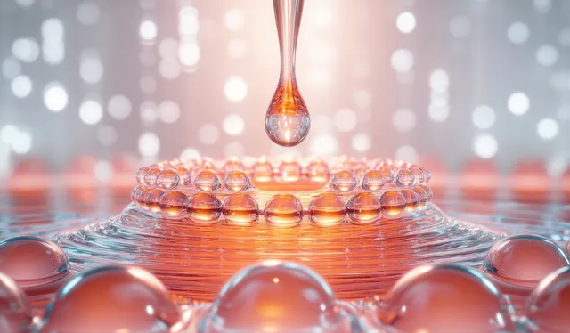 Collagen serum dropper releases vitamin droplets onto translucent spheres in soft light