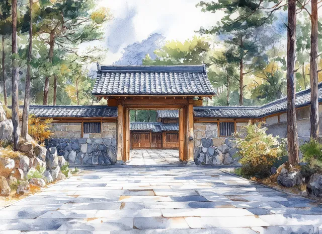 Watercolor and ink illustration shows a wooden gate and stone wall walkway with dappled sunlight through trees.