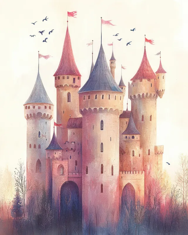 Watercolor fairytale castle towers in a pastel city with birds flying overhead and soft misty light.