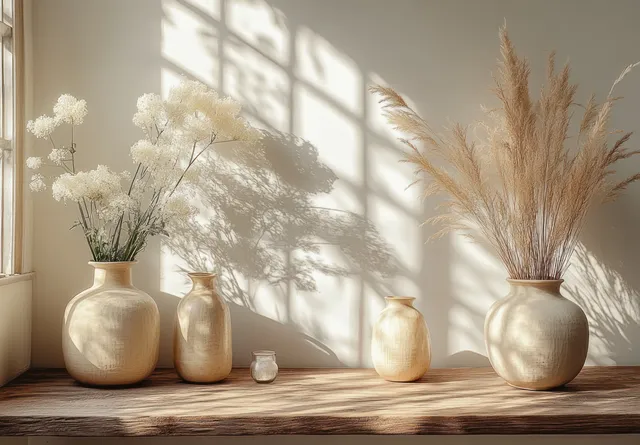 Ceramic vases with dried pampas grass sit on a wooden table in a sunlit Scandinavian room.