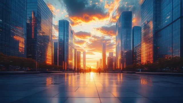 Sunset skyline of glass skyscrapers with golden reflections on wet street pavement.