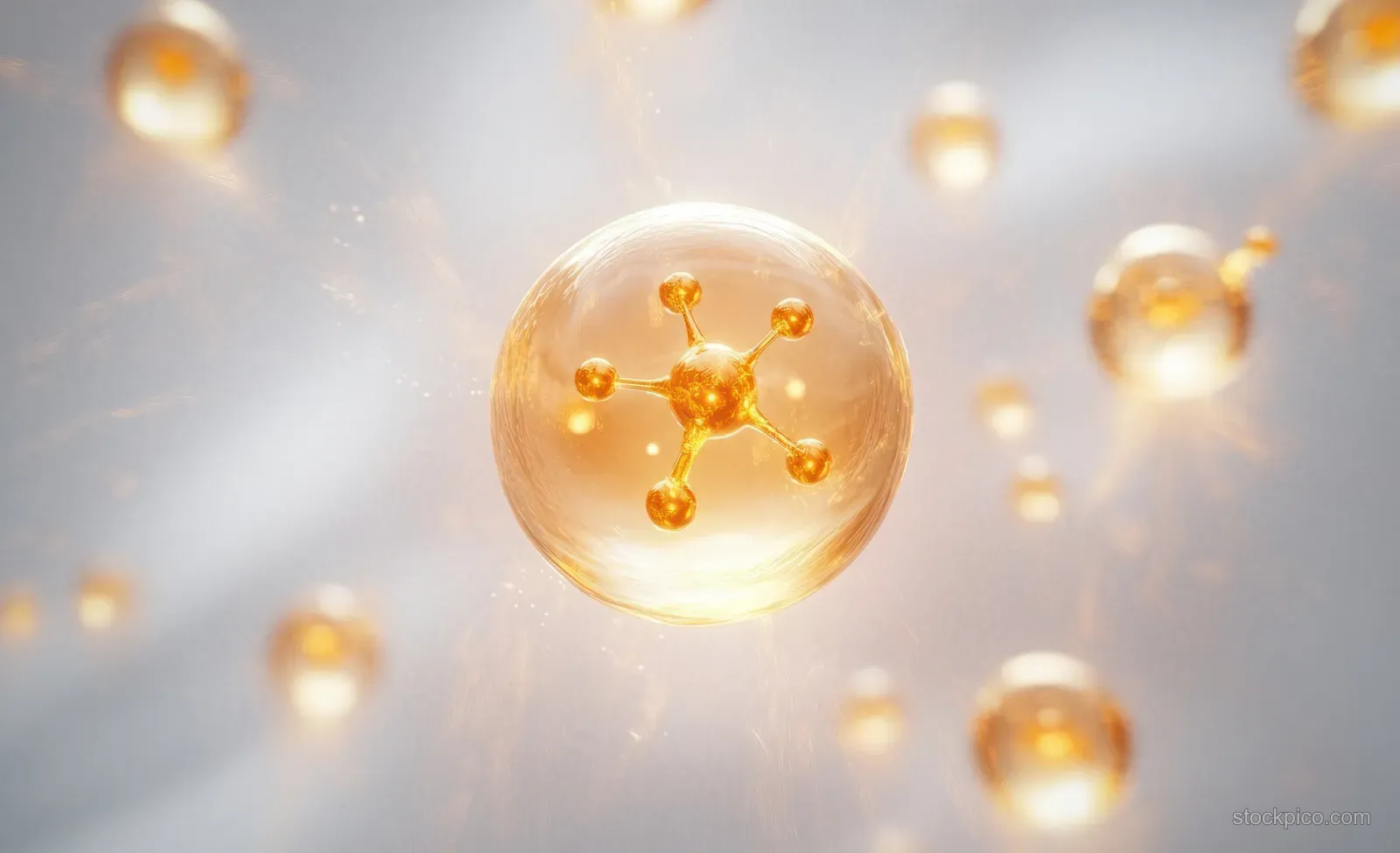 Glowing molecular bonds float inside a translucent amber droplet over a soft light bokeh background.