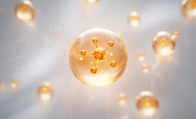 Glowing molecular bonds float inside a translucent amber droplet over a soft light bokeh background.